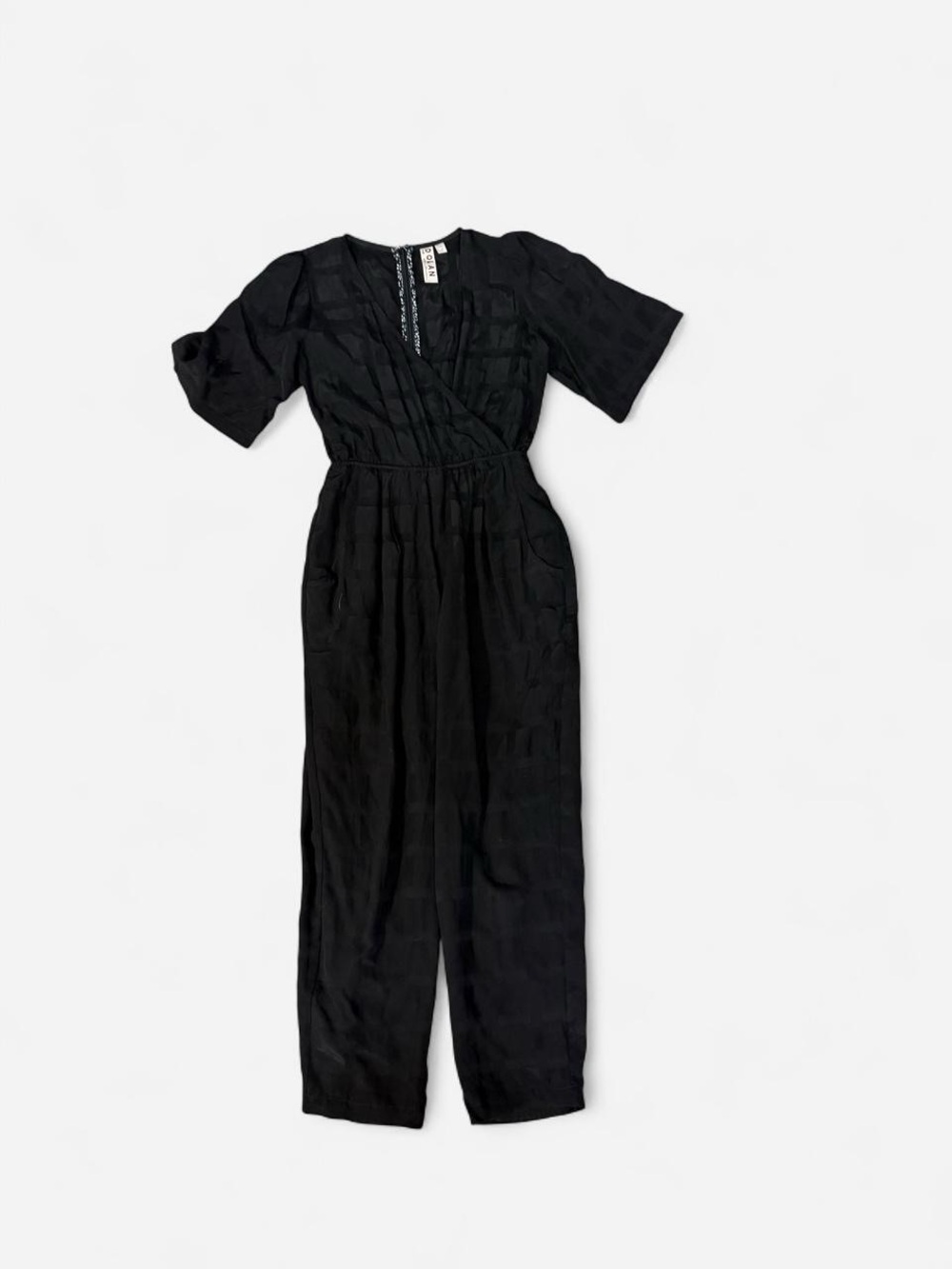 dolan Black Short-Sleeve Wrap Jumpsuit with Elastic Waist and Pockets